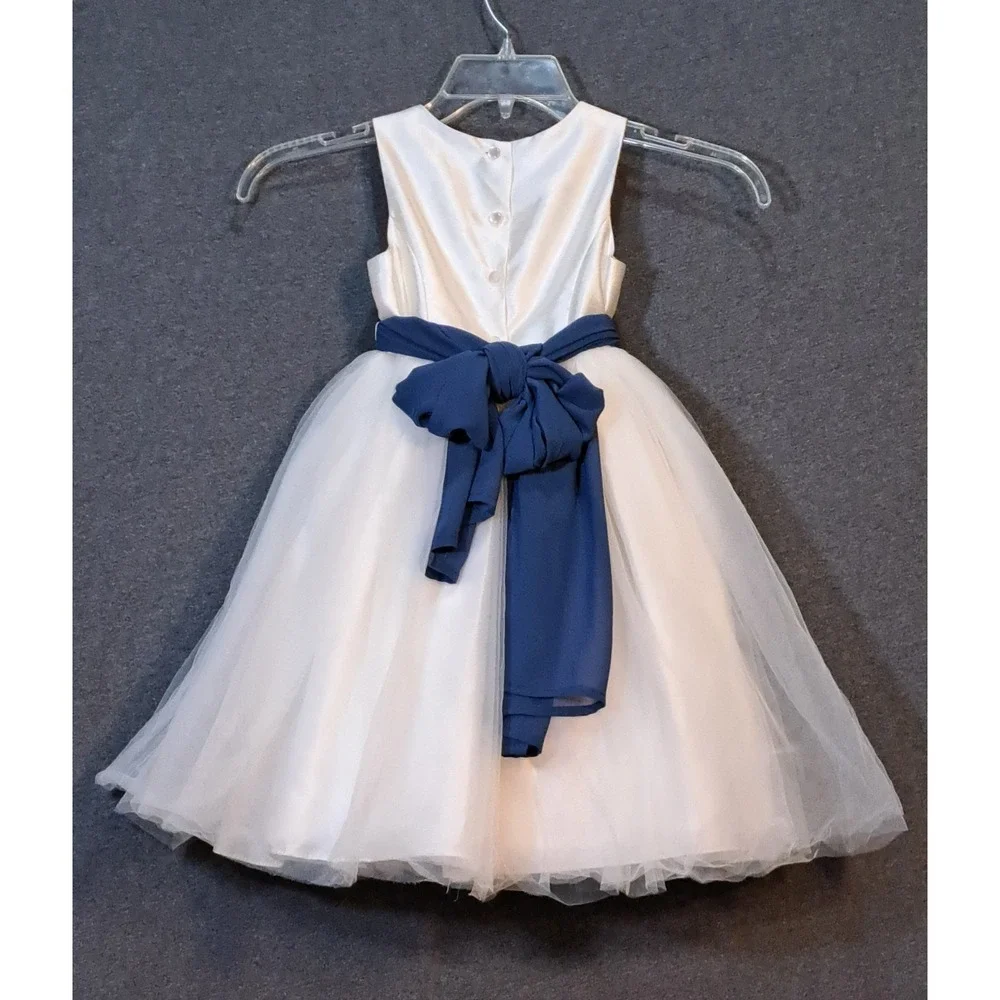 Davids Bridal Kids Ivory Tulle Ball Gown Dress Navy Blue Sash‎ Bow Size 2 - Picture 5 of 6